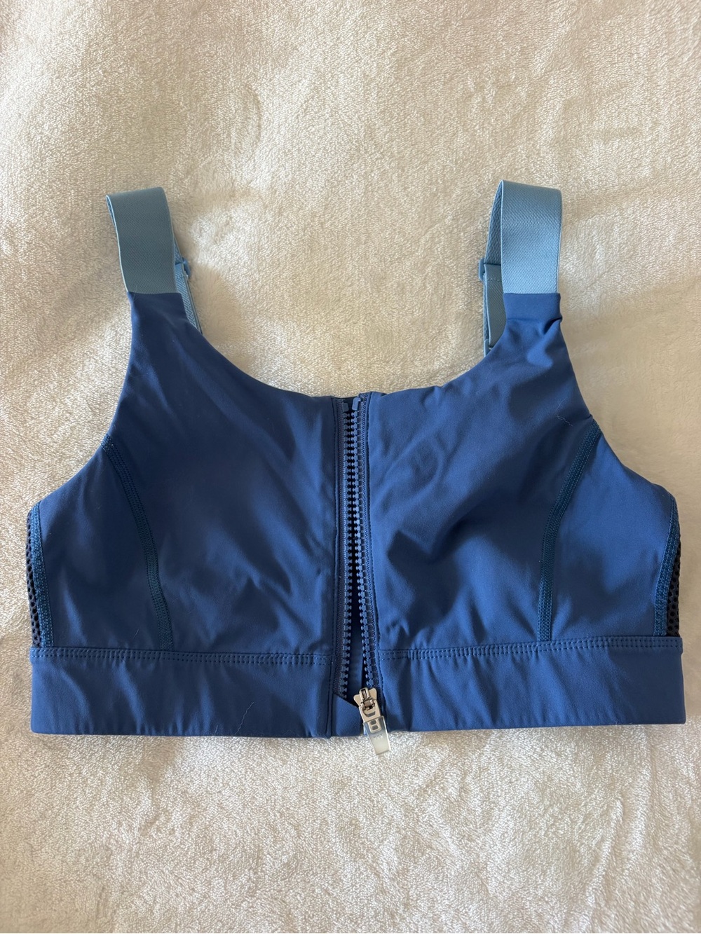 Outdoor Voices Navy Front-Zip Sports Bra with Light Blue Straps